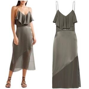 FLEUR DU MAL Ruffle Slip Dress 100% Silk Satin & Chiffon Olive Green Sz M (est)
